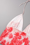 Red Sexy Floral Patchwork Backless Slit Halter Sleeveless Two Pieces