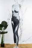 Black White Casual Print Basic O Neck Skinny Jumpsuits