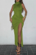 Army Green Elegant Solid High Opening Fold Turtleneck Wrapped Skirt Dresses
