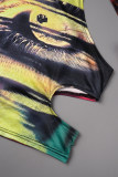 Multicolor Street Print Hollowed Out Patchwork O Neck High Waist Tops