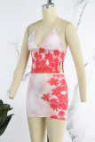 Red Sexy Floral Patchwork Backless Slit Halter Sleeveless Two Pieces
