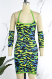 Orange Sexy Print Backless U Neck Sling Dress (With Sleeves)