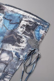 Blue Street Print Patchwork Draw String Fold Strapless Sleeveless Two Pieces