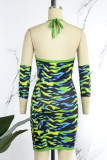 Orange Sexy Print Backless U Neck Sling Dress (With Sleeves)
