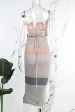 Pink Sexy Striped Bandage Backless Contrast Spaghetti Strap Dresses