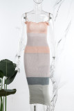 Pink Sexy Striped Bandage Backless Contrast Spaghetti Strap Dresses