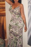 Green Sexy Print Backless Spaghetti Strap Long Dress (Subject To The Actual Object)