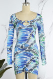 Blue Casual Print Hollowed Out U Neck Long Sleeve Dresses