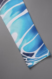 Blue Casual Print Hollowed Out U Neck Long Sleeve Dresses