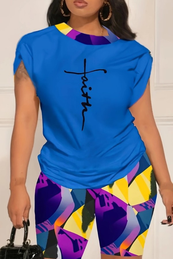 Blue Casual Print Patchwork O Neck Short Sleeve Two Pieces