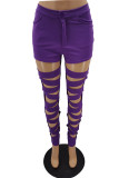 Purple Fashion Sexy Solid Ripped Skinny High Waist Pencil Trousers