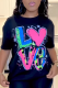 Black Casual Daily Print Patchwork Letter O Neck T-Shirts