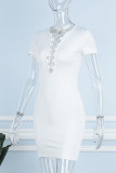 White Casual Solid Hollowed Out O Neck Short Sleeve Dress