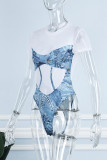 White Sexy Casual Print Patchwork O Neck Skinny Romper