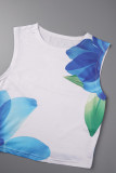 White Sexy Print Basic O Neck Sleeveless Two Pieces