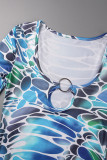 Blue Casual Print Hollowed Out U Neck Long Sleeve Dresses