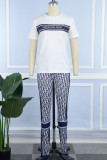 White (DION)Street Print Patchwork Letter O Neck Short Sleeve Two Pieces