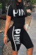 Black Casual Sportswear Letter Print Basic O Neck Short Sleeve Two Pieces