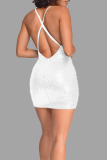 Silver White Sexy Solid Sequins Backless Zipper Spaghetti Strap One Step Skirt Dresses