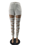 White Fashion Sexy Solid Ripped Skinny High Waist Pencil Trousers