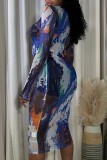 Blue Casual Print Basic O Neck Long Sleeve Dresses
