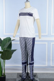 White (DION)Street Print Patchwork Letter O Neck Short Sleeve Two Pieces
