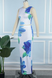 White Sexy Print Basic O Neck Sleeveless Two Pieces