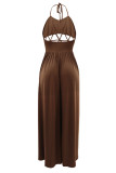 Brown Sexy Casual Solid Bandage Hollowed Out Backless Spaghetti Strap Long Dress Dresses