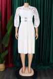 White Casual Solid Hollowed Out With Belt O Neck Pleated Dresses