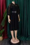 Black Casual Solid Hollowed Out With Belt O Neck Pleated Dresses