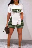 White Casual Letter Camouflage Print Slit O Neck Short Sleeve Two Pieces