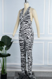 Rose Red Sexy Casual Print Bandage Backless Halter Skinny Jumpsuits