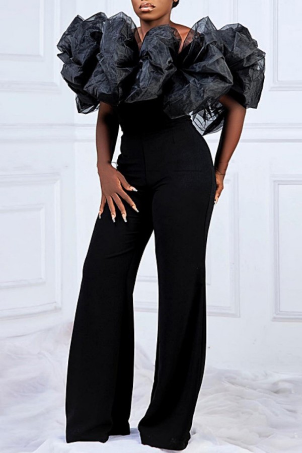 Black Casual Solid Patchwork Off the Shoulder Jumpsuits