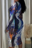 Blue Casual Print Basic O Neck Long Sleeve Dresses