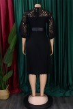 Black Casual Solid Hollowed Out With Belt O Neck Pleated Dresses