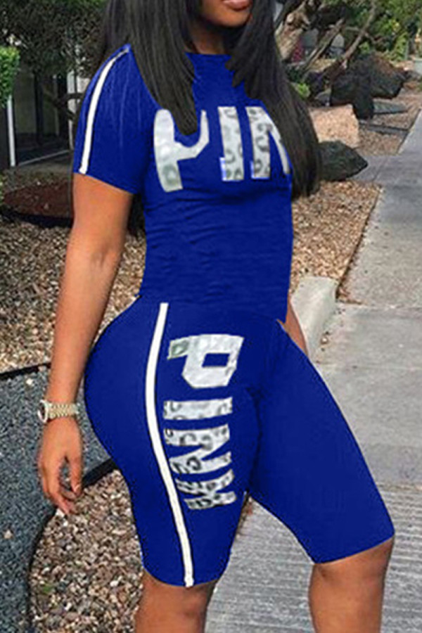 Blue Casual Sportswear Letter Print Basic O Neck Short Sleeve Two Pieces