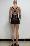 Black Sexy Solid Sequins Backless Zipper Spaghetti Strap One Step Skirt Dresses