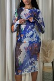 Blue Casual Print Basic O Neck Long Sleeve Dresses