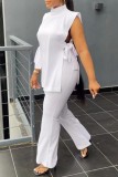 White Casual Solid Frenulum Turtleneck Sleeveless Two Pieces