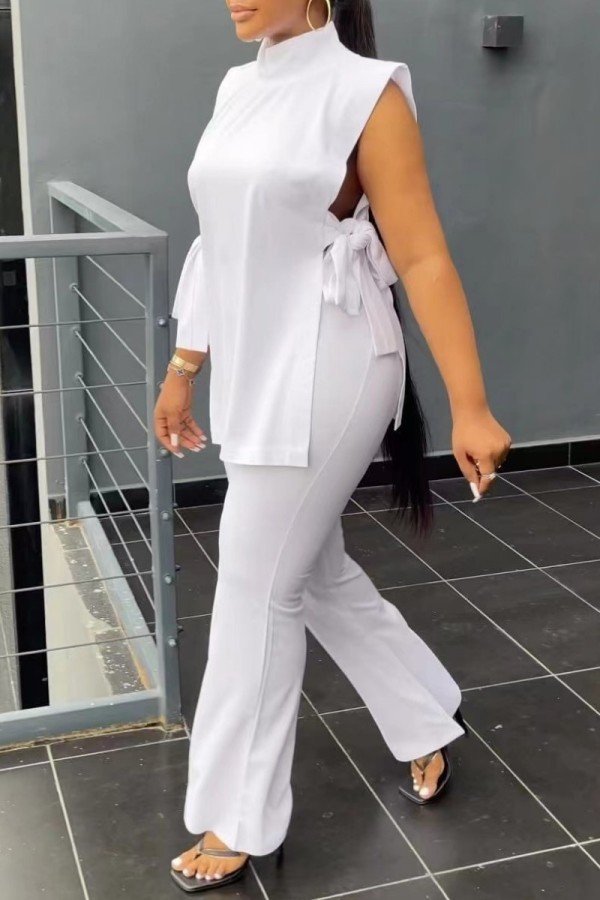 White Casual Solid Frenulum Turtleneck Sleeveless Two Pieces