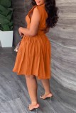 Orange Casual Print Letter Turndown Collar Waist Skirt Dresses