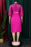 Rose Red Casual Solid Hollowed Out With Belt O Neck Pleated Dresses