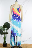 Blue Sexy Casual Print Backless Spaghetti Strap Sleeveless Two Pieces