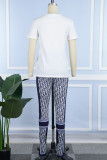 White (DION)Street Print Patchwork Letter O Neck Short Sleeve Two Pieces