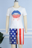 White Casual Flag Stars Print Short Sleeve Tassel Striped T Shirts Shorts Set