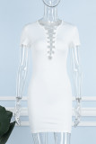White Casual Solid Hollowed Out O Neck Short Sleeve Dress
