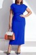 Deep Blue Casual Solid Patchwork Slit O Neck One Step Skirt Short Sleeve Dress