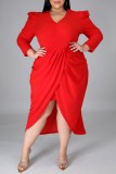 Red Casual Solid Patchwork V Neck Long Sleeve Plus Size Dresses