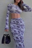 Blue Casual Print Basic O Neck Long Sleeve Two Pieces