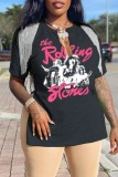 Black Casual Print Tassel Patchwork V Neck T-Shirts